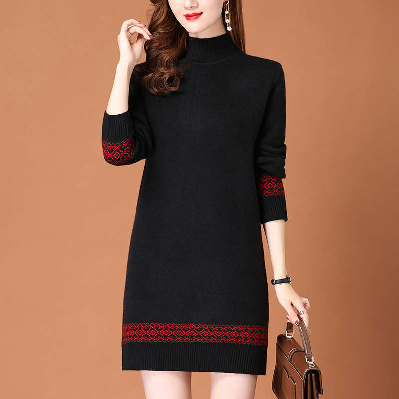 一体绒毛衣女秋冬长款洋气百搭针织连衣裙中年妈妈打底衫加绒加厚