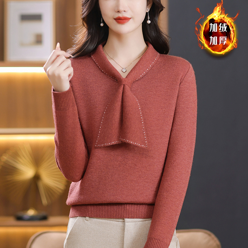 加绒加厚打底衫秋冬季一体绒上衣洋气时尚带领飘带毛衣女新款妈妈