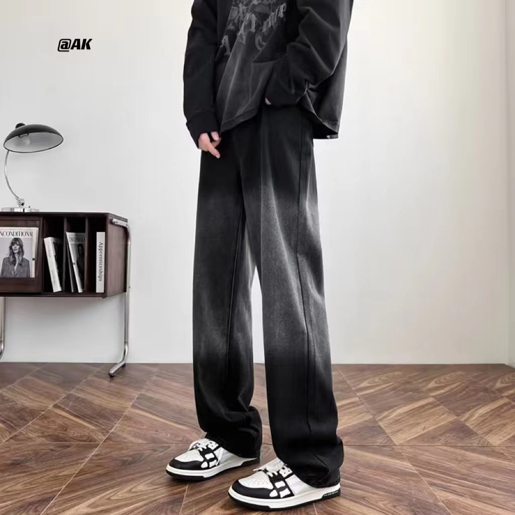 美式渐变黑色牛仔裤男春秋季高街潮牌痞帅休闲宽松阔腿直筒裤子