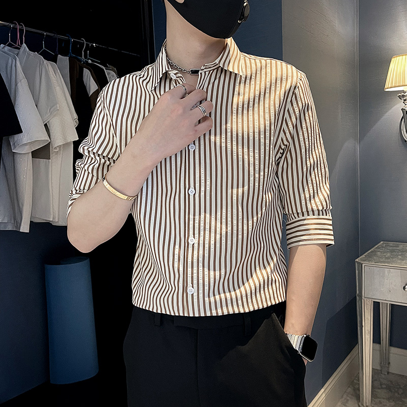 夏季条纹短袖衬衫男潮牌新款男装七分袖上衣服男士痞帅休闲衬衣