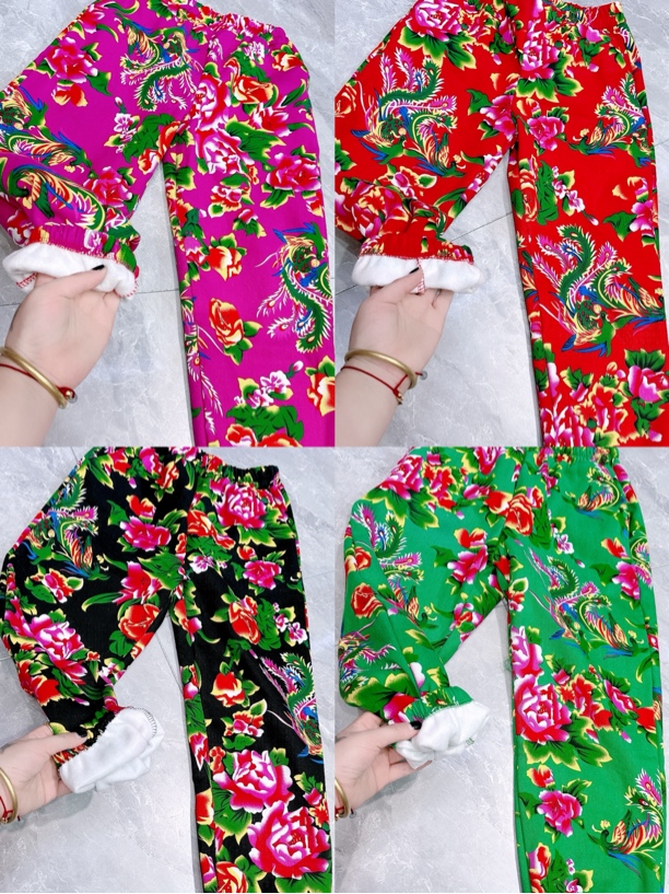 冬季新款东北大花裤男女同款紧腿裤