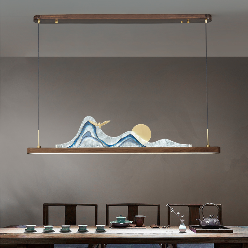 新中式吊灯胡桃实木长方形餐桌餐厅灯办公室书房灯禅意茶室长条灯