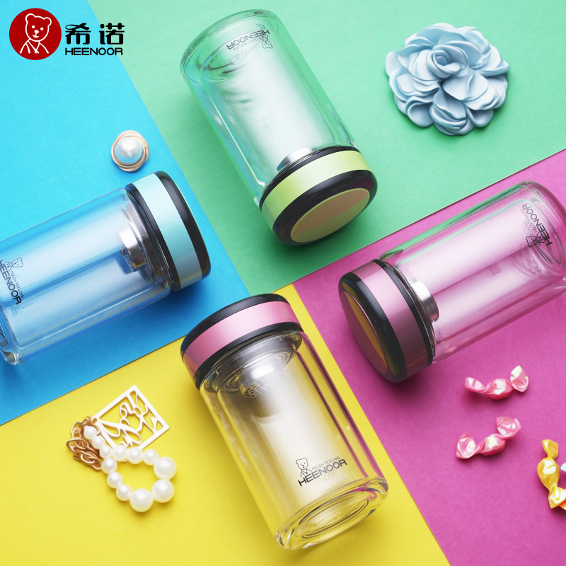 希诺双层玻璃杯清新可爱花茶礼盒防烫小巧便携简约家用泡茶杯子女