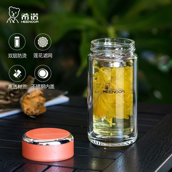 希诺高档双层滤网玻璃杯女士便携可爱水杯简约清新森系茶水分离杯