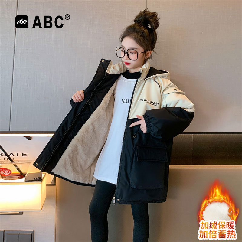 ABC女童冬季加绒加厚连帽外套中大童棉袄2023新款童装儿童派克服