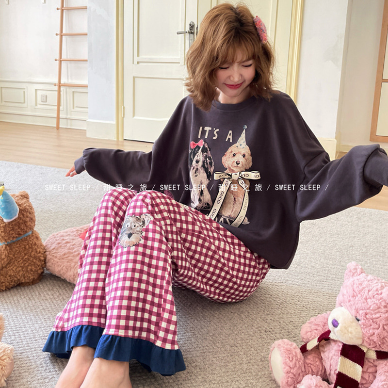 100%纯棉睡衣女春秋季长袖大码全棉家居服套装学生夏ins风卡通冬