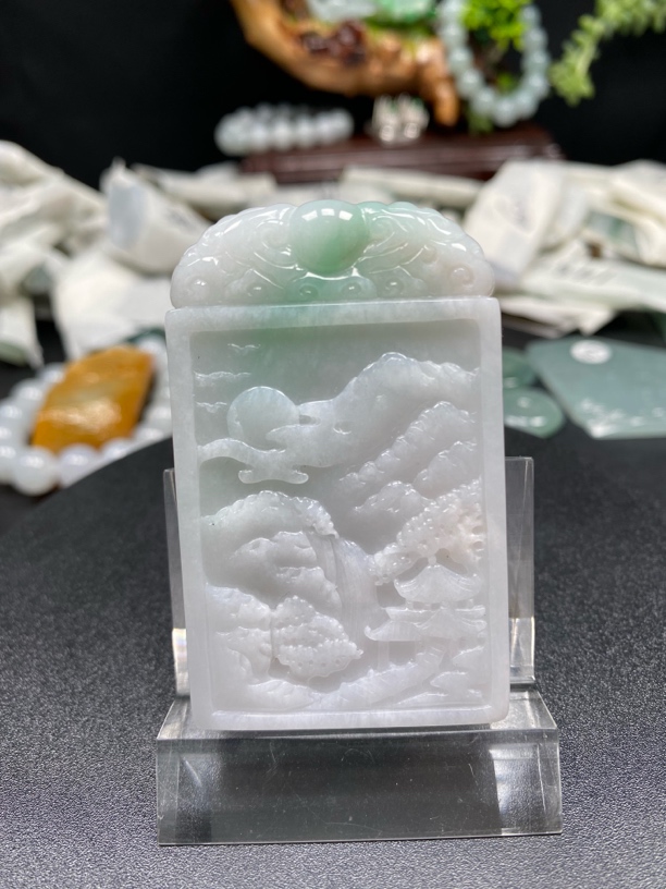 缅甸天然A翡翠“飘花山水牌”双面雕卡63/39/11厚装无纹裂