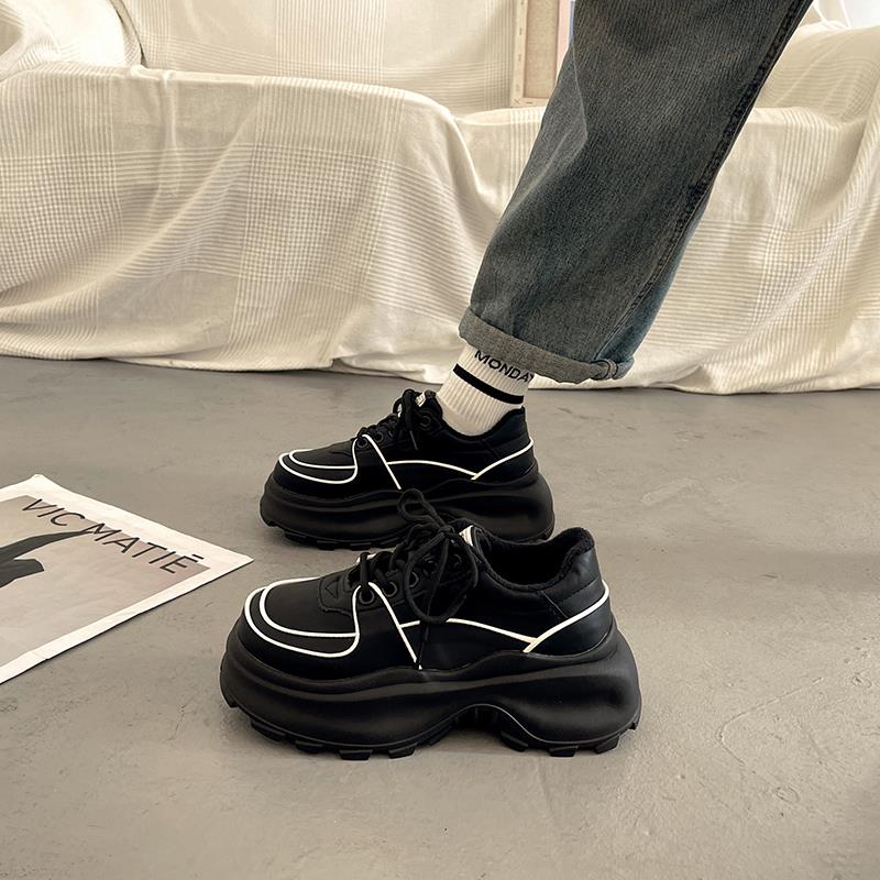 显脚小港风炸街厚底老爹鞋女增高2023新款秋冬加绒黑色休闲运动鞋