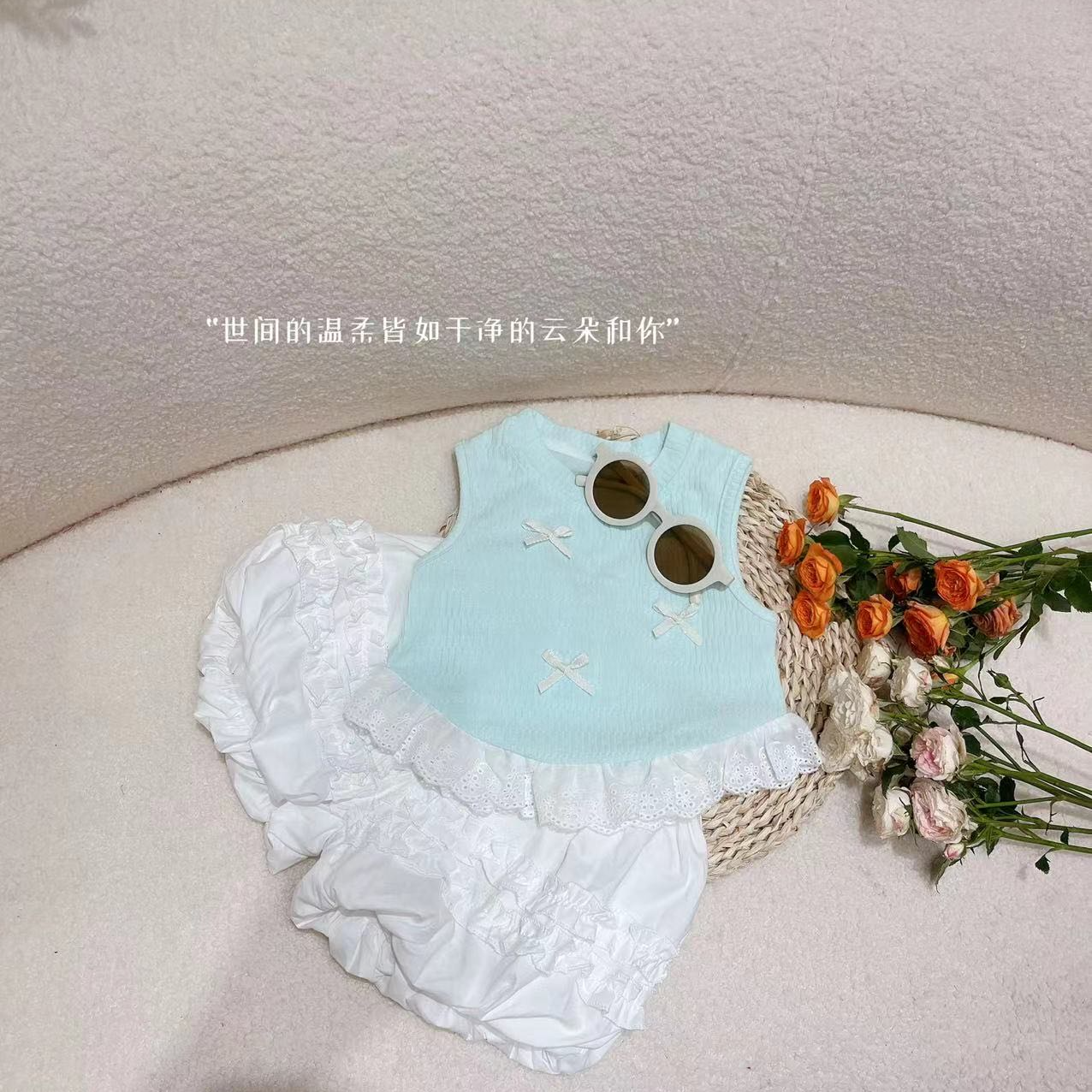 X3856儿童童装女童蓝色夏季夏款女宝小童韩版时尚夏天小清新套装