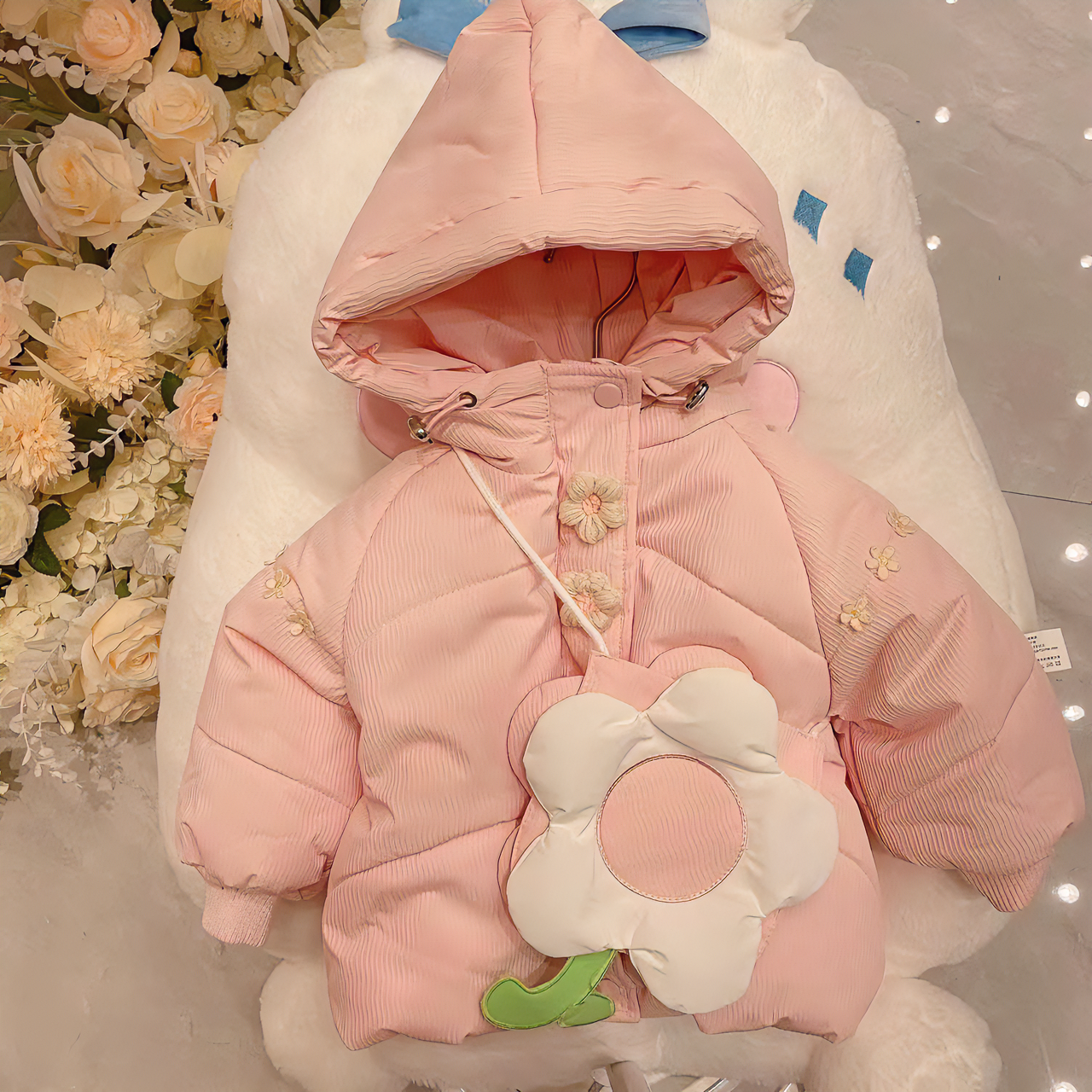 X11367   冬季新款可爱加绒加厚女童纯色连帽棉服粉色女宝外套