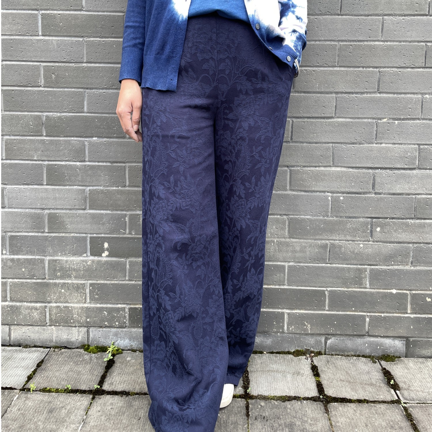 蜡的世界休闲复古中式中国风宽松提花阔腿裤长裤大码蓝色民族风