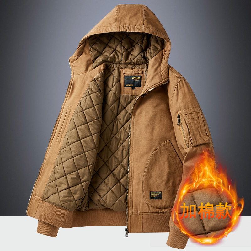 连帽款男士秋冬季加棉加厚棉衣户外休闲宽松大码保暖工装防寒棉服