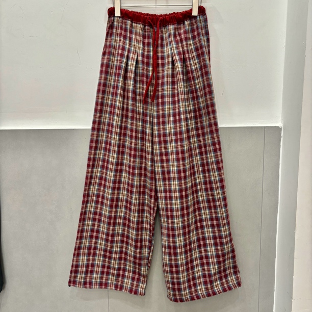 韩国东大门红色格子拼色松紧腰裤子No退换