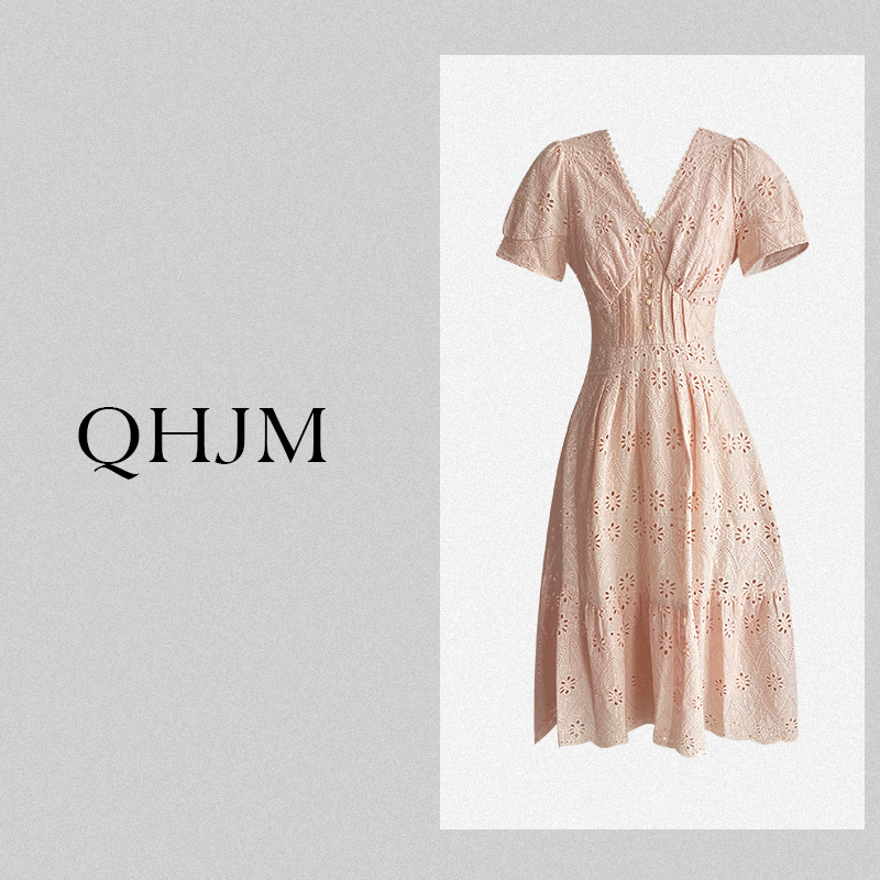 【少女情怀】刺绣蕾丝粉色连衣裙夏新款法式时尚复古修身设计师长裙