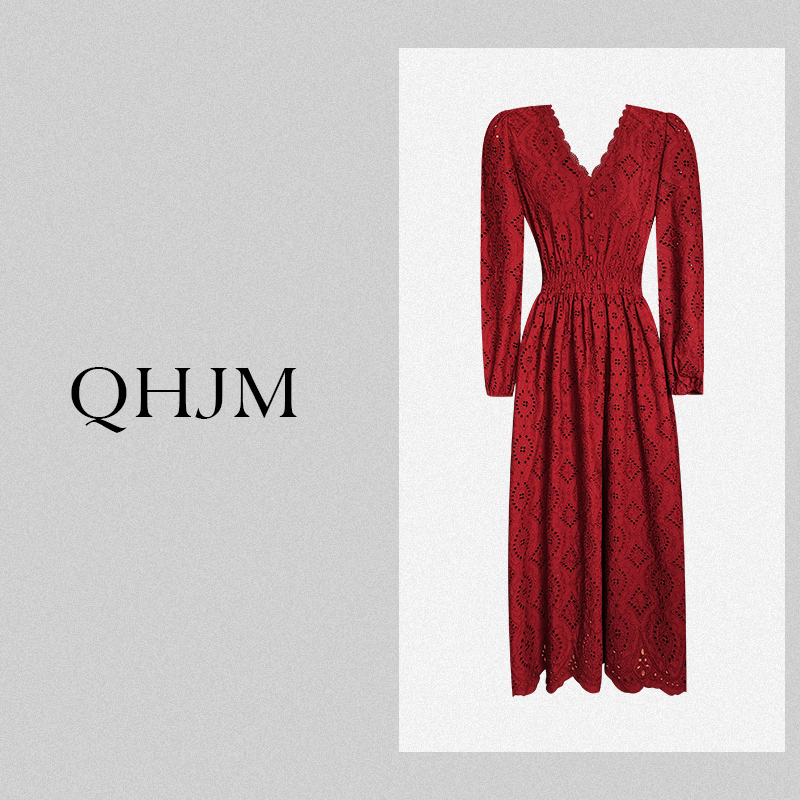 【朱砂痣】十大最美裙子酒红色日常宴会蕾丝长裙秋季高端气质连衣裙