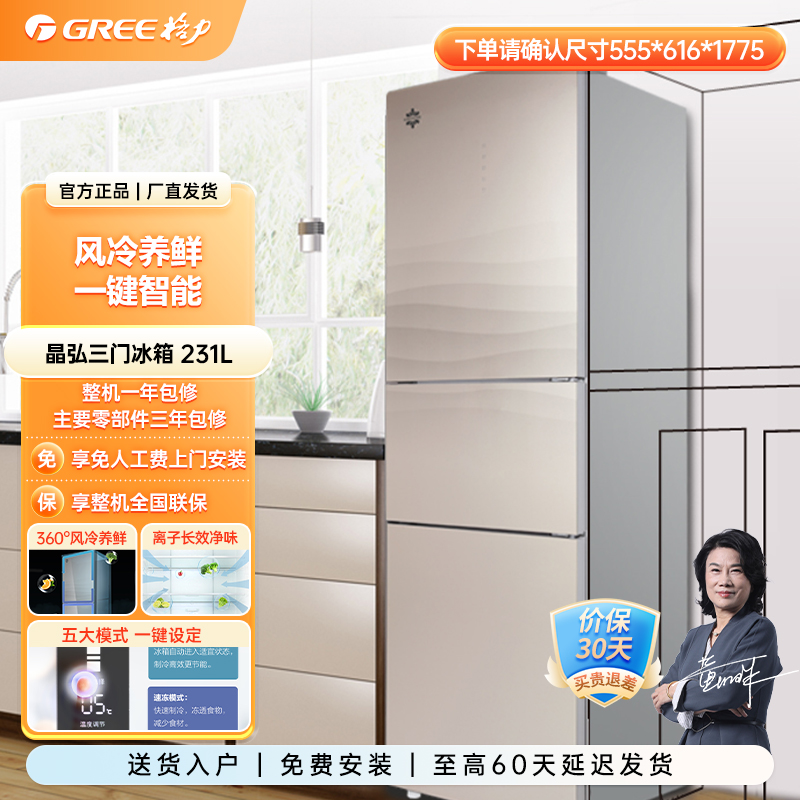 晶弘ai三门冰箱净味231L驭风而来横扫无霜BCD-231WETG/浮光金