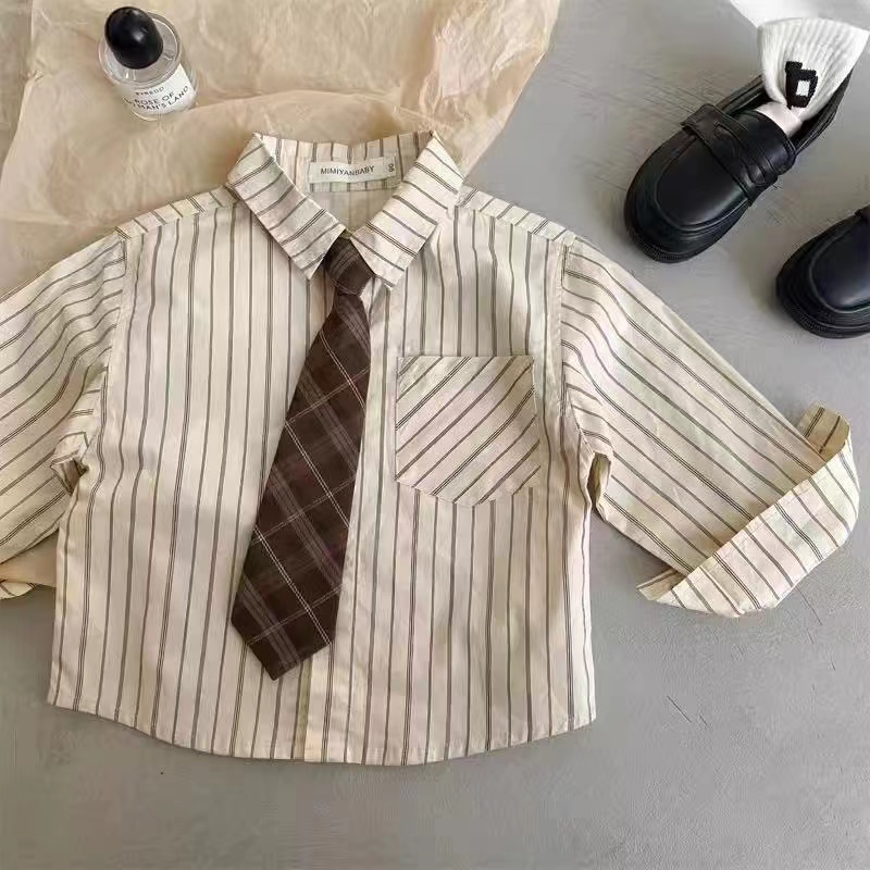 儿童长袖衬衫学院风2025春季男女童韩版时尚条纹洋气休闲领带衬衣