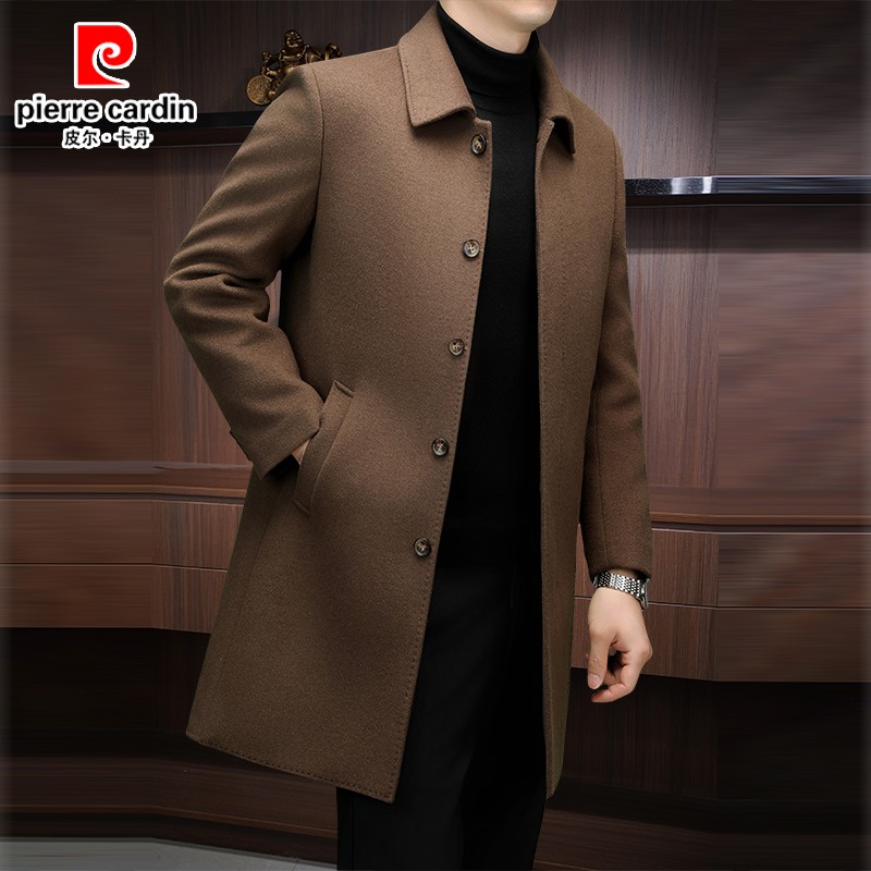 皮尔卡丹正品呢子男外套秋冬男时尚翻领双面呢大衣中长款可脱内胆
