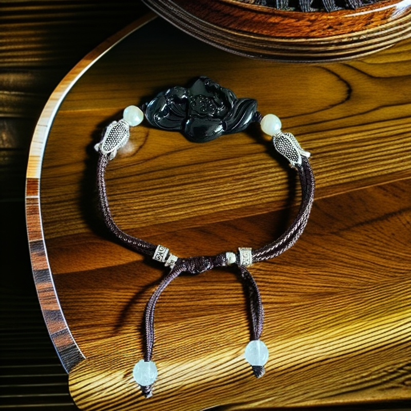 天然玉石黑色荷花手串