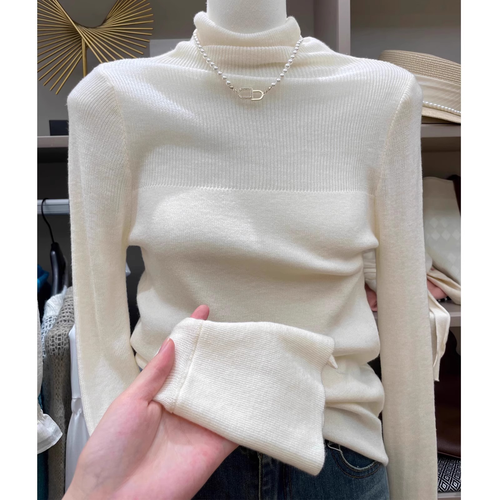 针织打底衫女秋冬季2025新款堆堆领修身内搭高领半透软糯显瘦毛衣