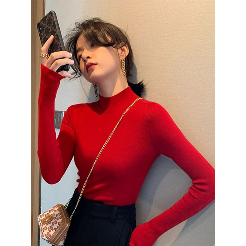 红色打底衫修身软糯仿羊毛针织半高领百搭2023秋冬显瘦内搭毛衣女