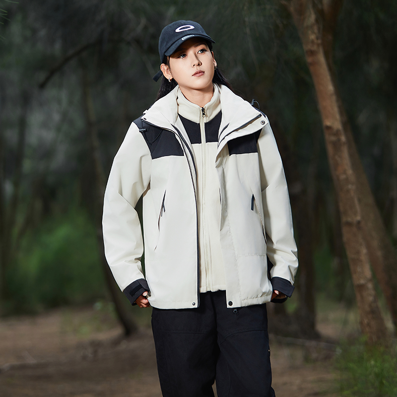 秋冬防水户外登山情侣款真两件可拆卸连帽拼接色宽松刺绣夹克外套