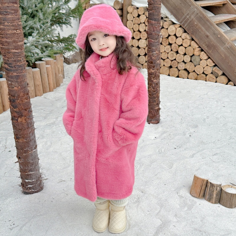 女童仿皮草长款韩版貂绒大衣儿童皮毛一体毛毛外套2025冬装棉服