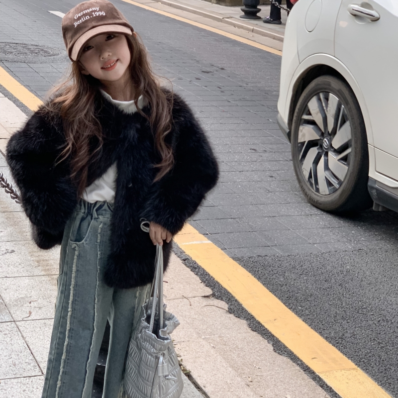 女童皮草外套仿狐狸毛儿童棉衣加绒加厚男童毛毛冬装新款黑色洋气