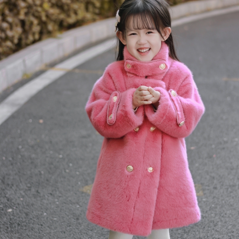 女童毛毛外套皮毛一体大衣宝宝儿童过年喜庆衣服红色2025冬装棉服