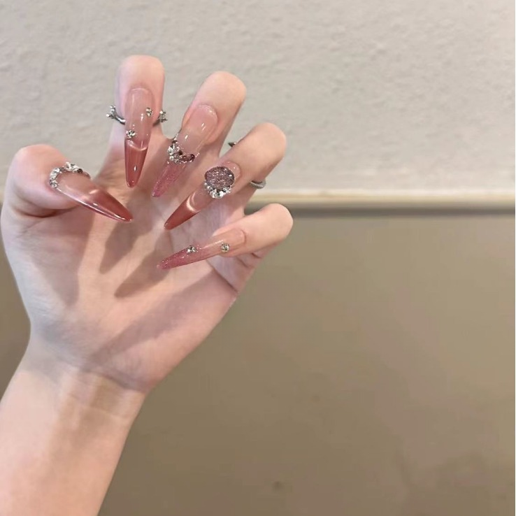 【酒渍玫瑰】纯手工穿戴美甲碎钻猫眼爆闪秋冬新款高级气质3mm长