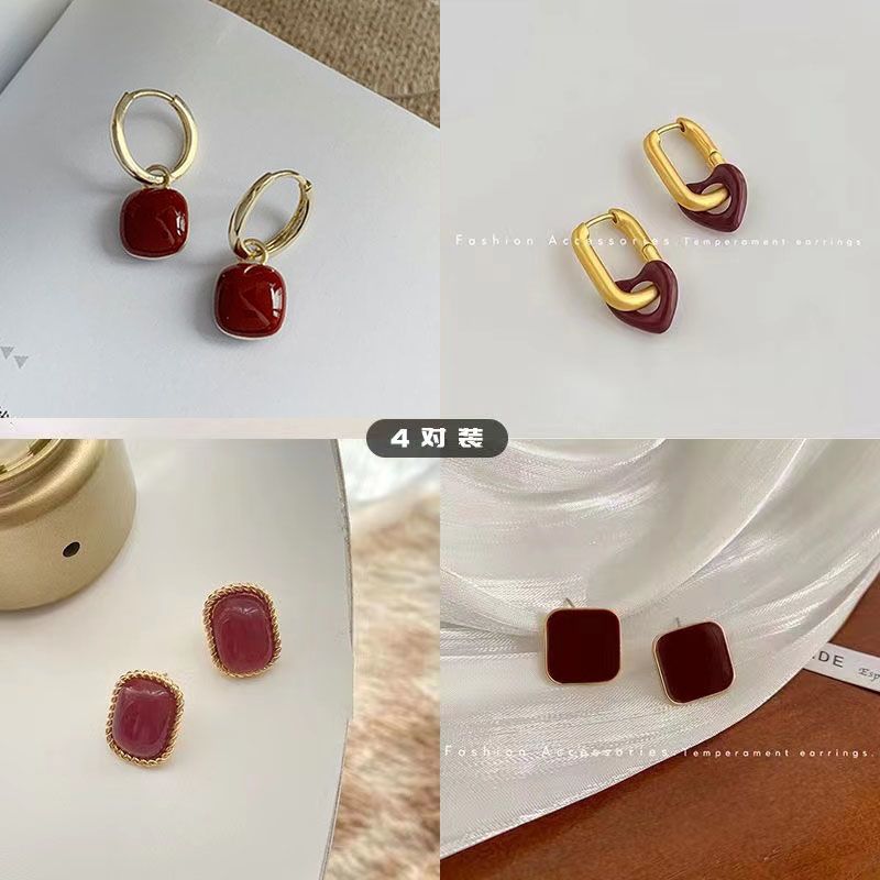 铜合金耳饰 复古港风红色耳环轻奢高级感女成熟气质耳钉冬季百搭