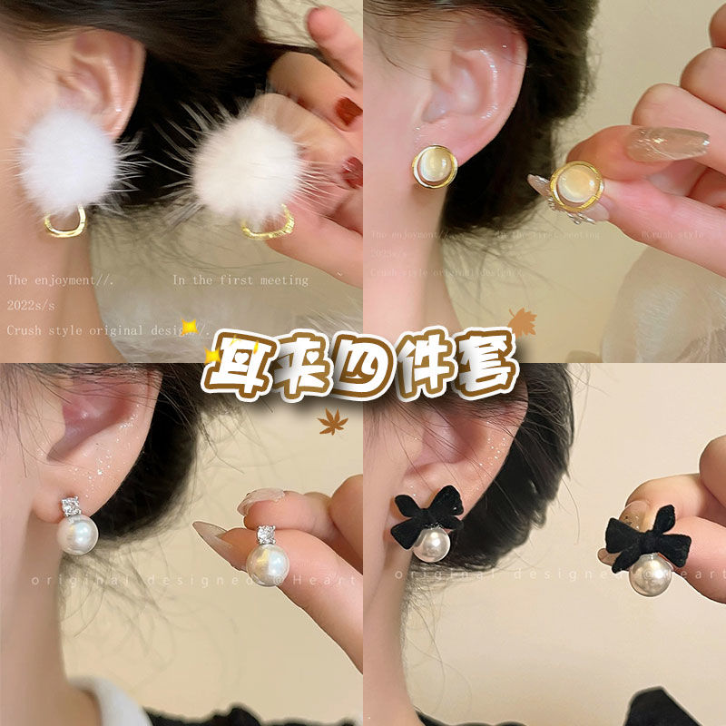 铜合金耳饰 秋冬蝴蝶结丝绒耳夹2023新款高级设计无耳洞耳夹耳饰