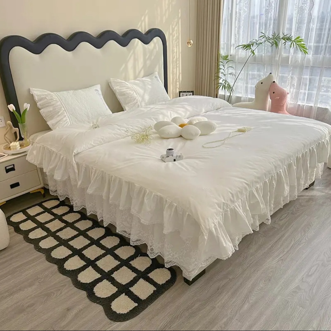 全棉床裙玫瑰公主绣花刺绣纯色公主风夹棉绗缝加厚蕾丝花边四件套