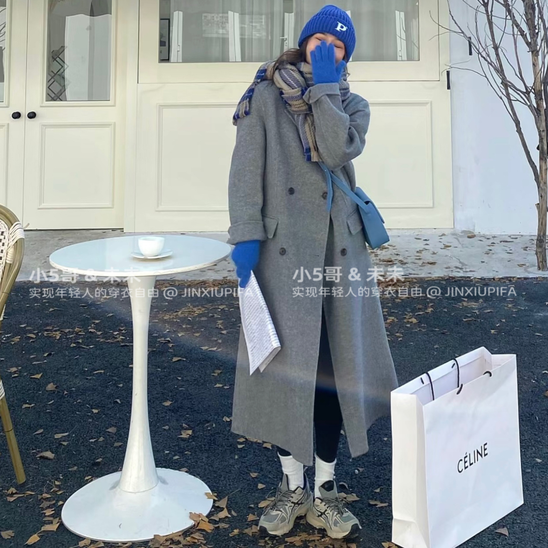 长款毛呢外套女2023新款秋冬韩系学生过膝大衣双排扣慵懒风大衣