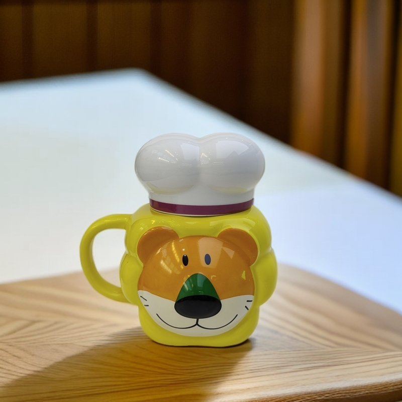 可爱卡通高颜值动物饼干厨师狮子造型带盖釉下彩陶瓷马克杯水杯