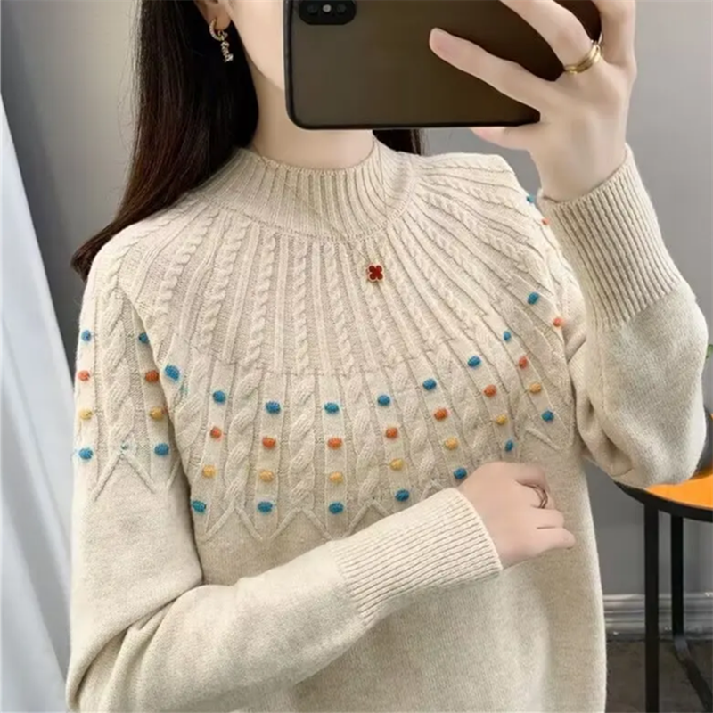 彩色提花麻花半高领毛衣打底衫女秋冬套头内搭显瘦针织衫上衣A894