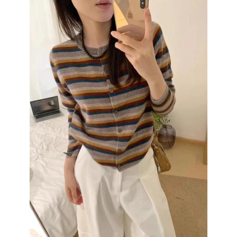 【美拉德彩条】长袖针织条纹开衫别致小众单排扣设计感针织衫A279