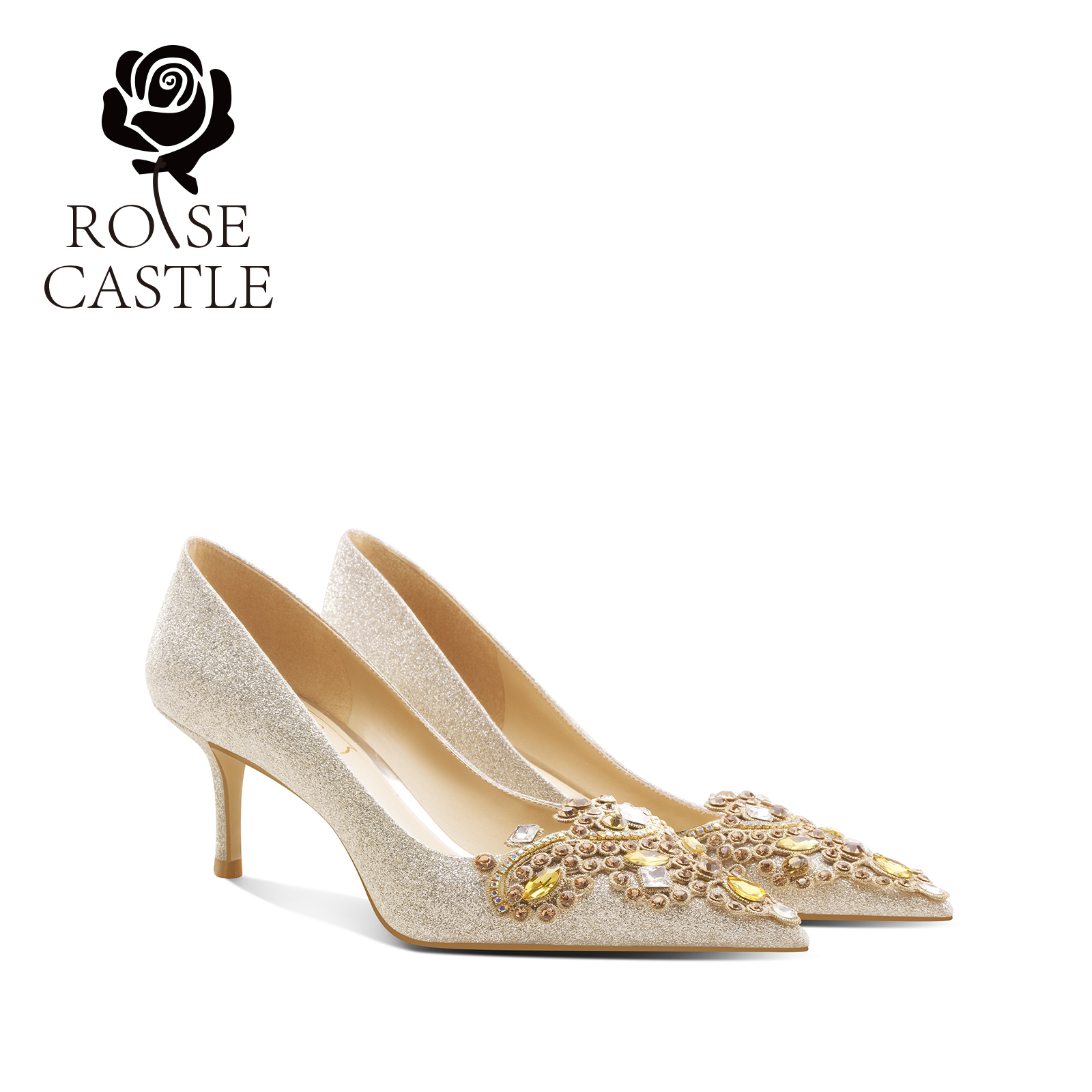 气质时尚简约春季单鞋女轻奢金色亮片夏季高定水钻百搭气质单鞋女