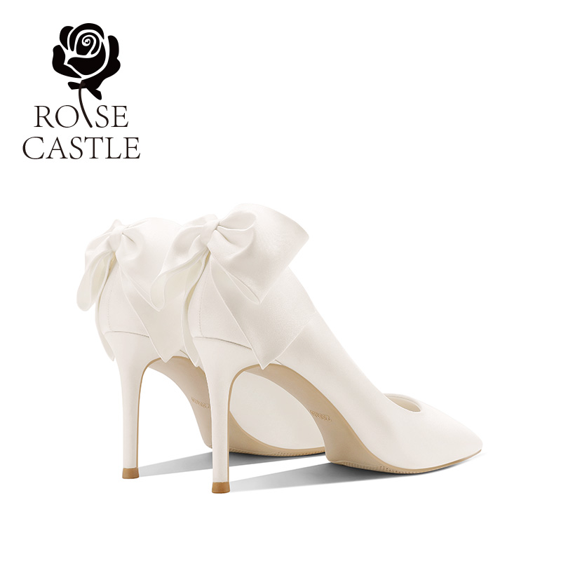 rose castle心动蝴蝶结 法式订婚鞋女白色高跟新娘鞋绸缎礼服单鞋