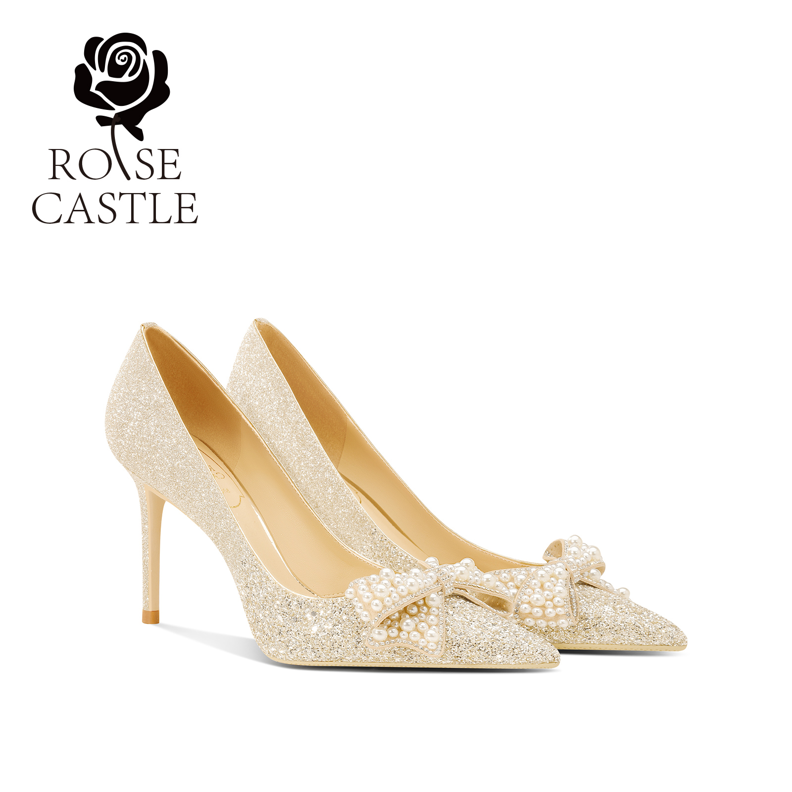 rose castle星际穿越婚宴水晶婚鞋金色蝴蝶结高跟新娘鞋结婚婚鞋