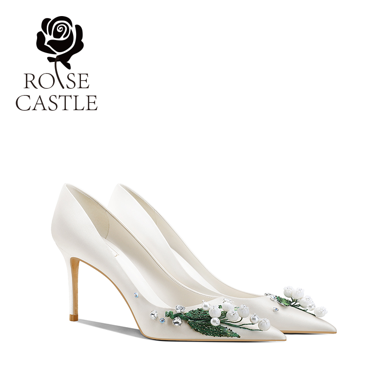 rose castle铃兰花语高级订婚鞋白色主婚纱新娘鞋宴会绸缎高跟鞋