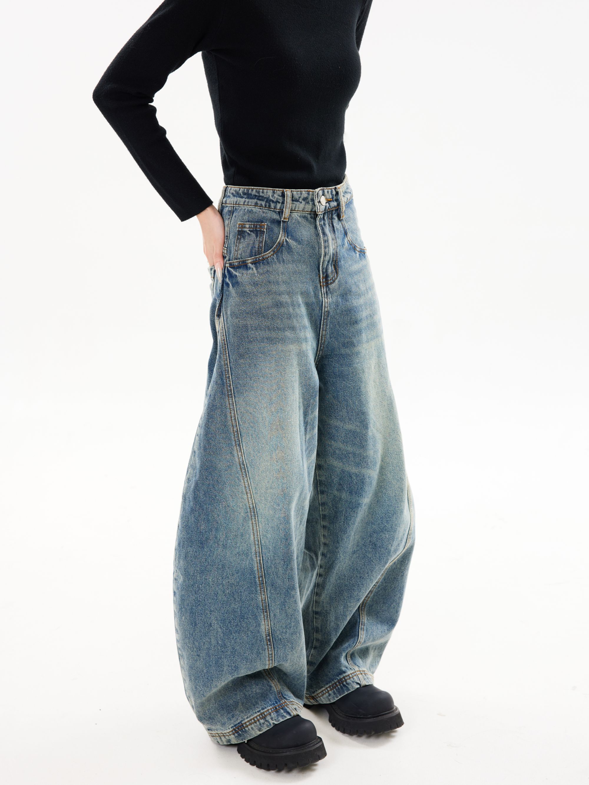 UNOTOBE 美式复古小众设计阔腿痞帅弯刀裤牛仔裤宽松男女