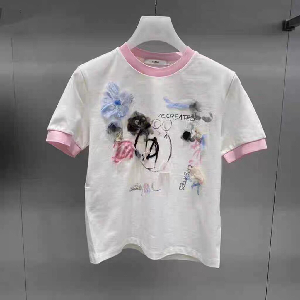 新款正肩圆领手工涂鸦拼接休闲短袖T恤女