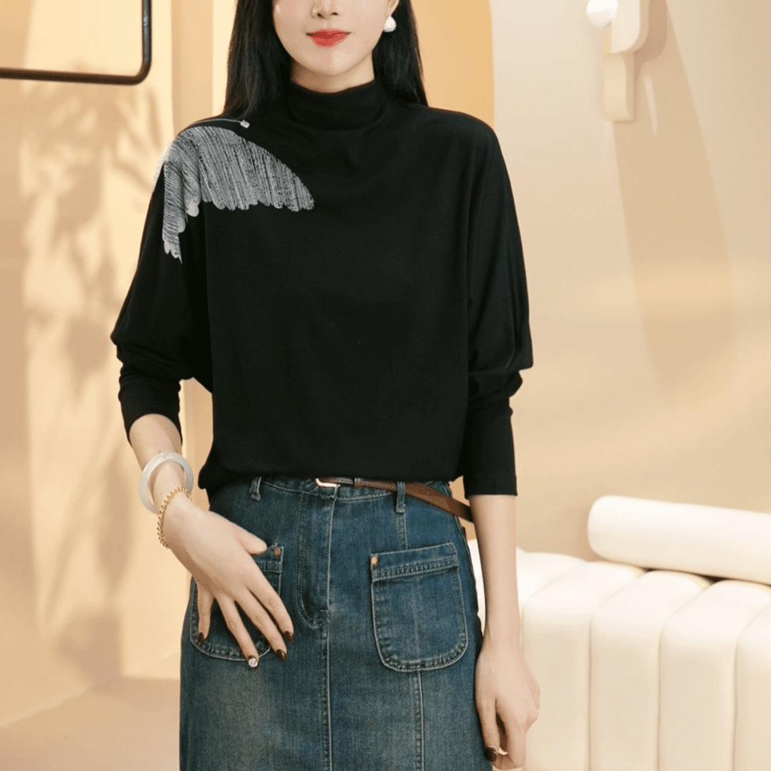 秋季半高领长袖t恤女洋气质打底衫宽松显瘦蝴蝶印花上衣卫衣绒衫
