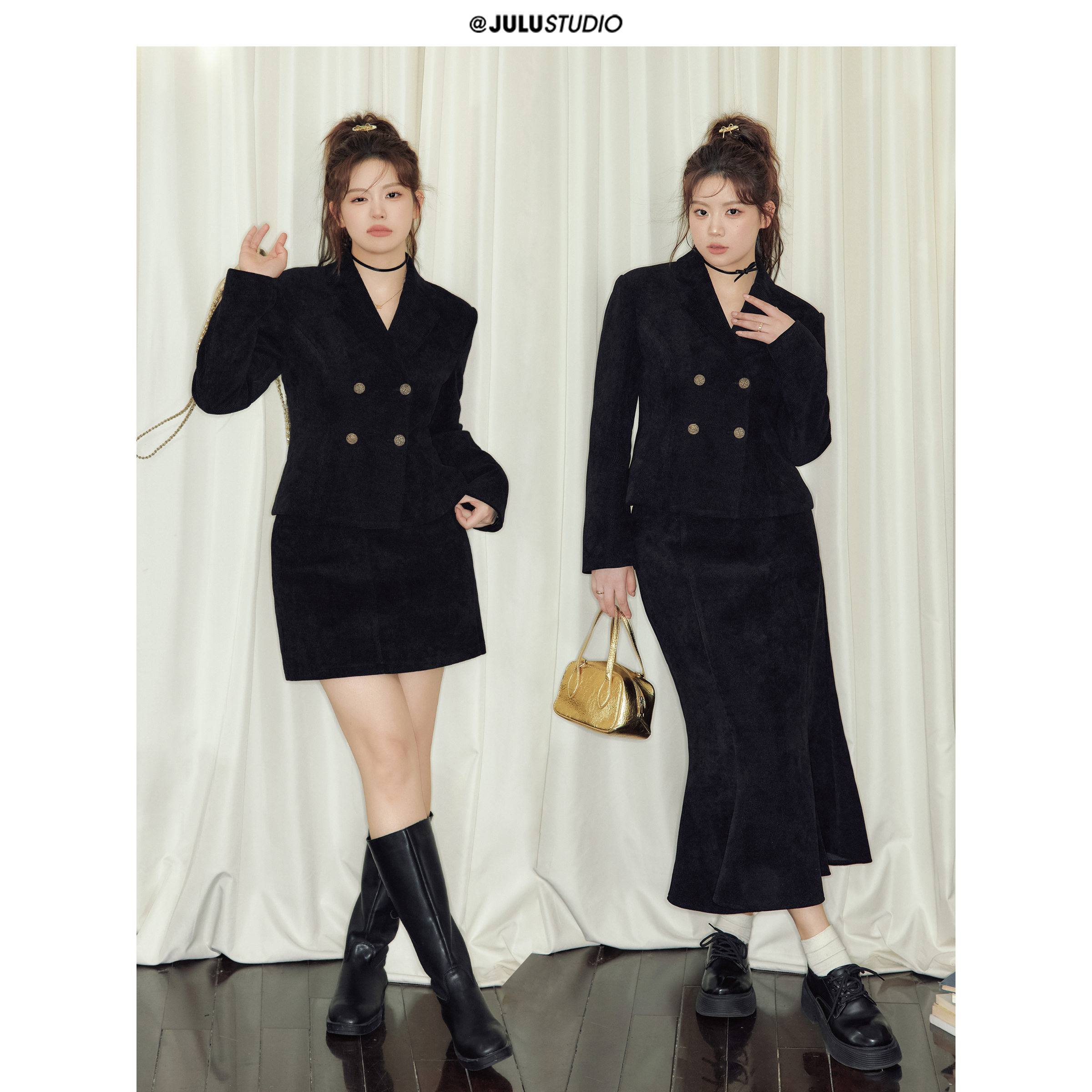 巨鹿工作室“爱的迫降2.0”微胖mm灯芯绒金扣西装鱼尾半身裙套装