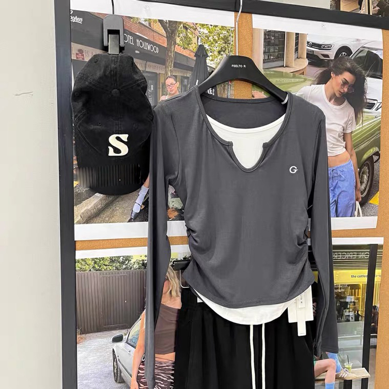 假两件拼接长袖T恤女秋季2024新款修身内搭打底衫甜辣上衣 801