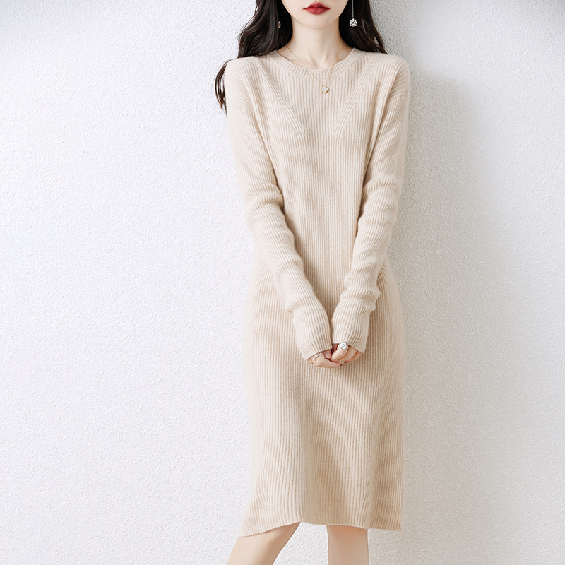 气质灰色羊毛连衣裙女宽松直筒抽条毛衣裙中长款纯羊毛打底衫裙