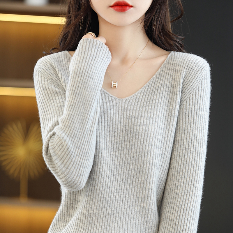 羊毛衫女100纯羊毛2023年秋季新款套头v领针织衫抽条羊毛外搭毛衣