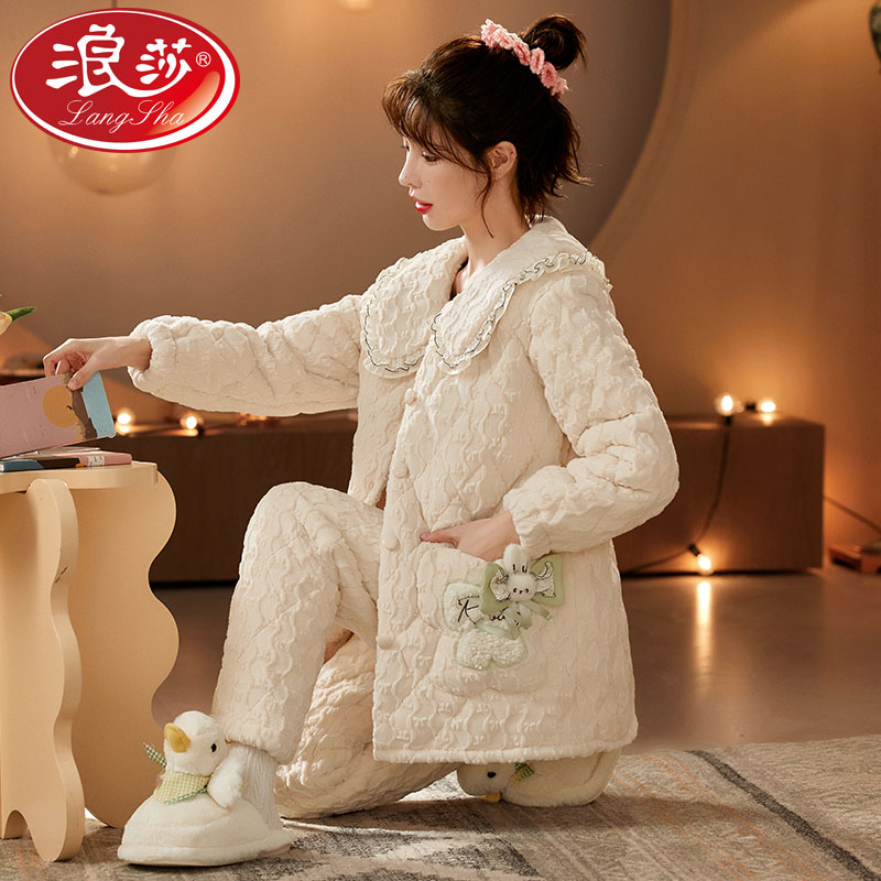 睡衣女加绒加厚秋冬季珊瑚绒三层夹棉套装保暖家居服厚棉衣2350