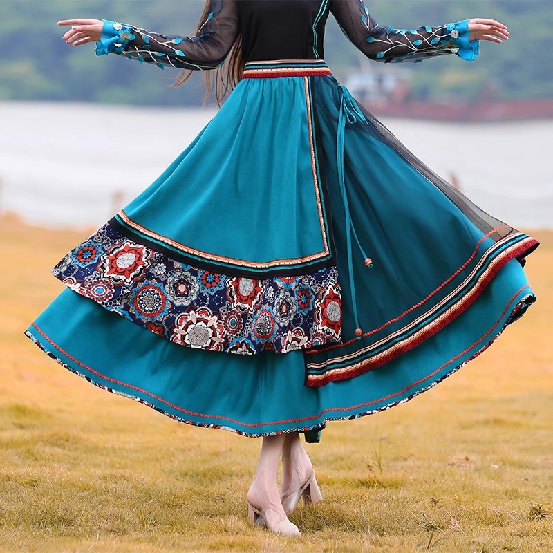 两人故事民族风女装中国风绣花舞蹈表演裙旅拍半身裙大摆裙QZ1122
